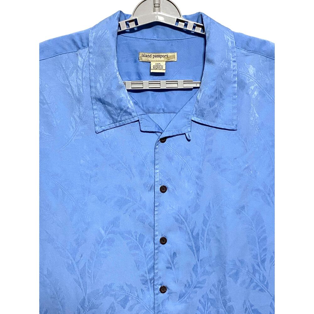 Island Passport Hawaiian Blue Button Shirt Men 3XL Resort Tropical Leaf Jacquard